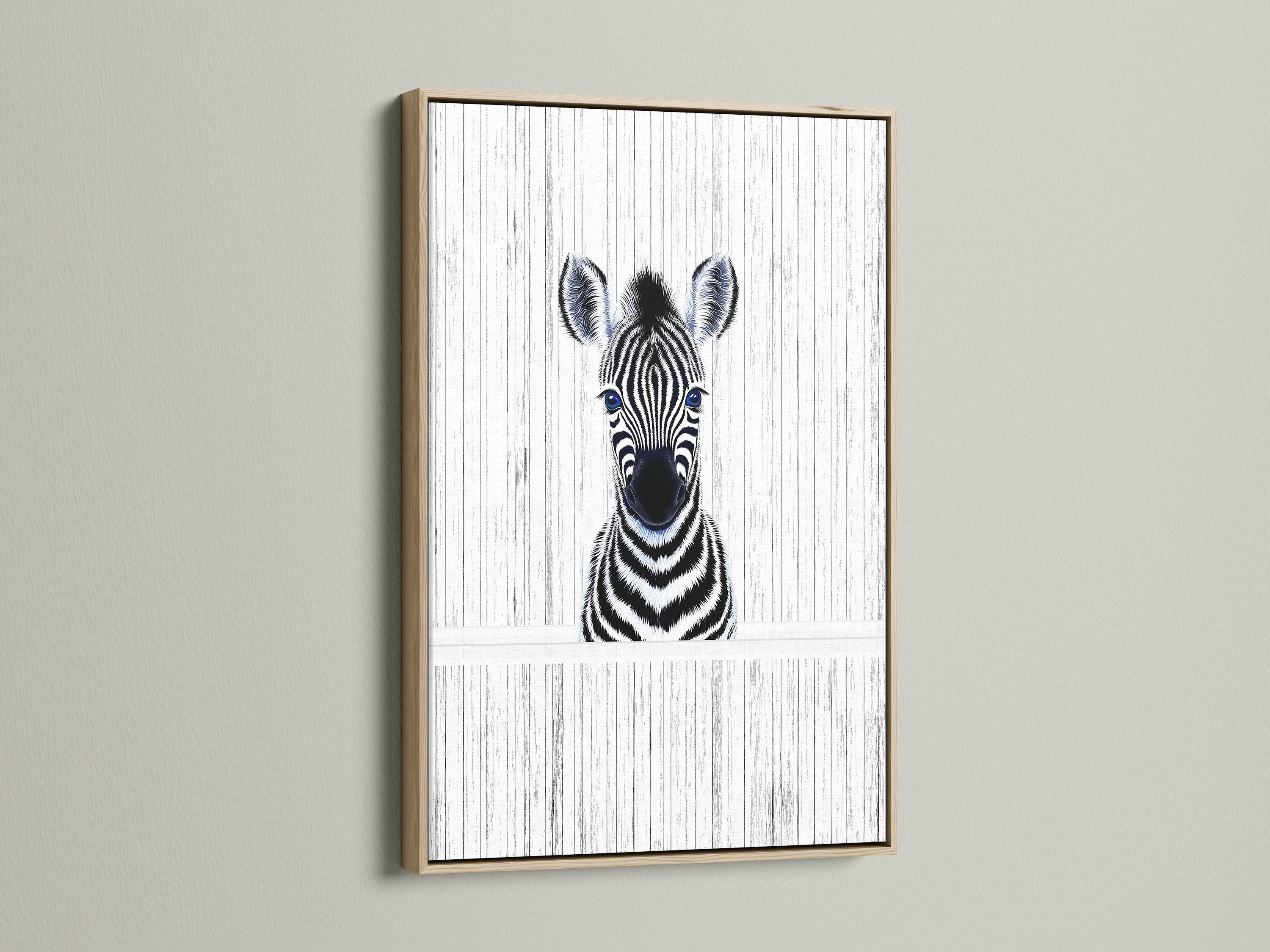 A charming Baby Zebra artwork framed in oak. This minimalist zebra wall art adds a touch of safari to any nursery or kids room. The oak frame enhances the black and white animal poster. A perfect piece of monochrome art.