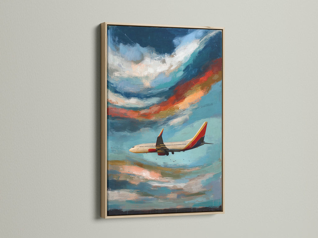 Aviation art displayed with an oak frame. The sky canvas art features a modern airplane. It is a cloudscape painting for office wall decor. This airplane artwork is a great gift for pilots. Enhance your space with this aviation print.