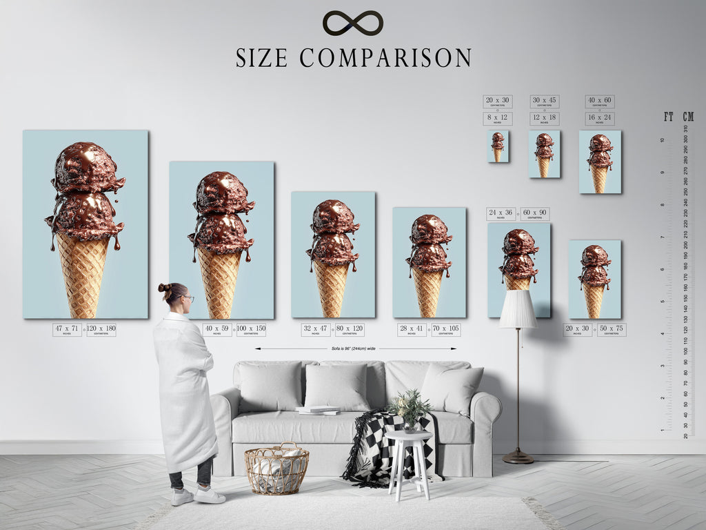 A size comparison chart is displayed in an interior setting. Visualize the perfect size for your space. This chart helps you choose the ideal dimensions for your artwork. Make an informed decision and enhance your home decor. See how different sizes look in a room.