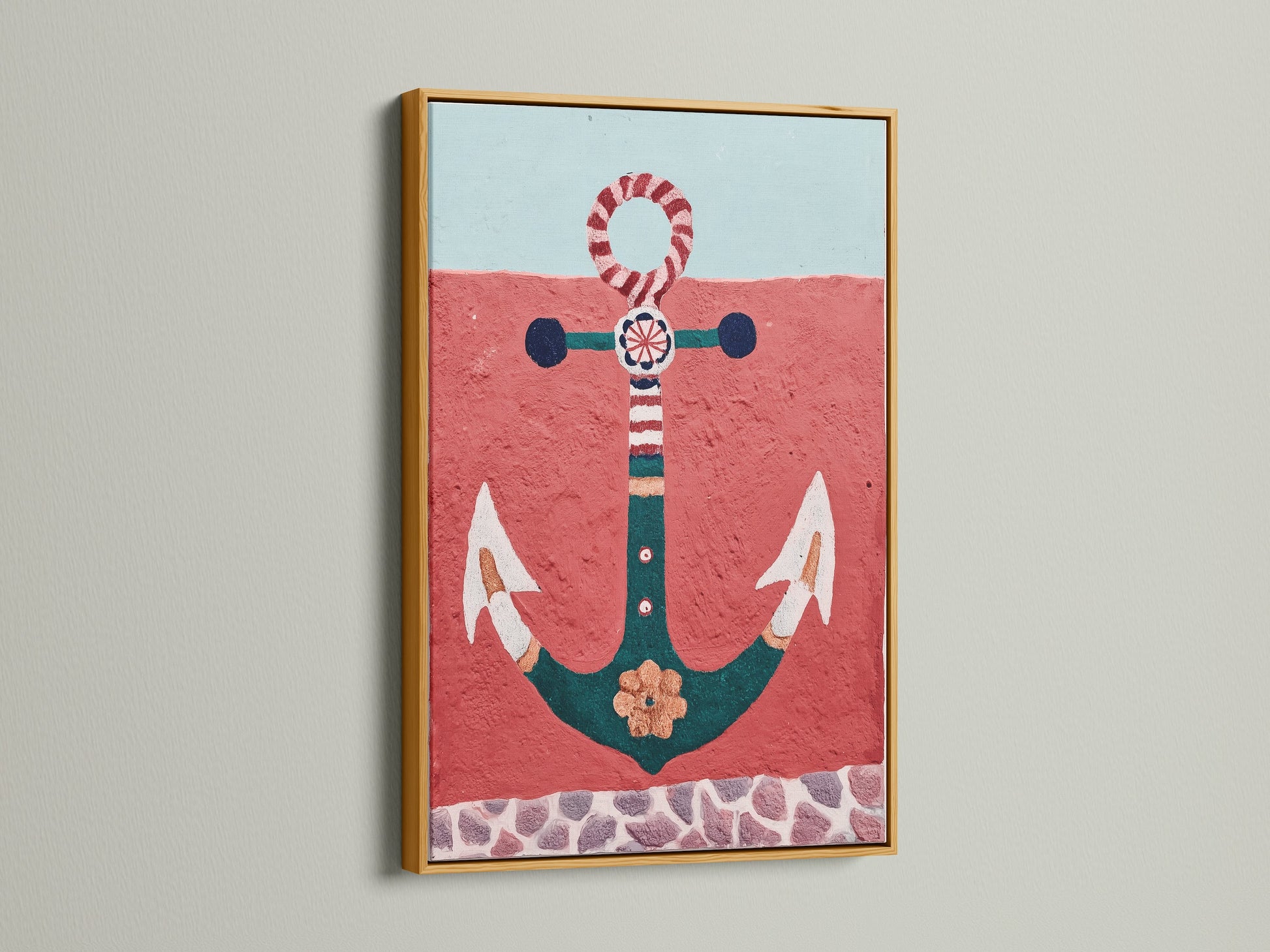 Gold frame adds a touch of elegance to this anchor artwork. This nautical decor is perfect for coastal wall art. This sea print brings a beach house vibe. Red and teal art makes a statement. Perfect for vacation homes and seaside decor. The ocean canvas enhances any room.