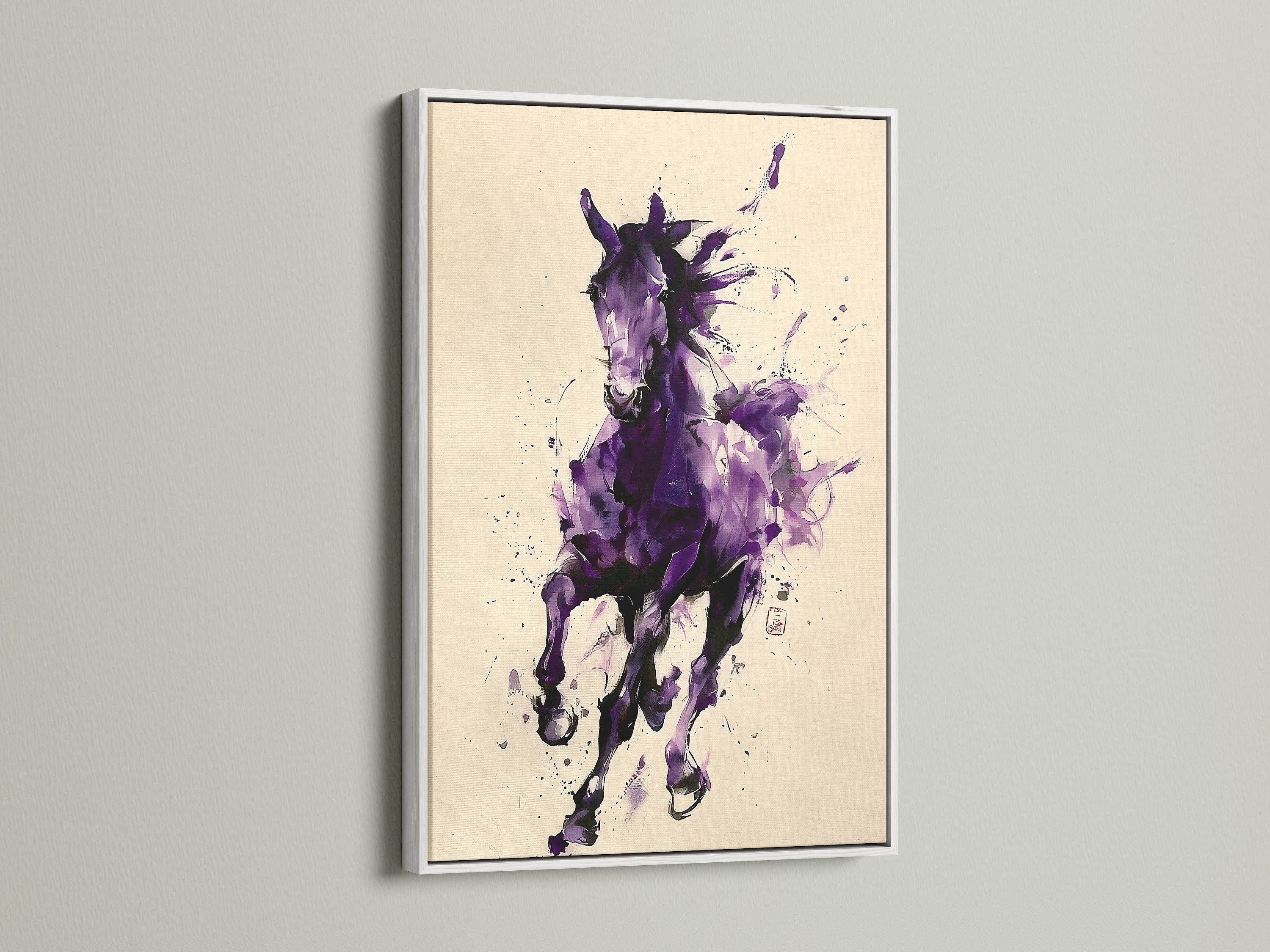 A white frame showcases a horse art print. Its clean lines offer a modern touch. This frame allows the artwork to stand out. A white frame is a versatile option.