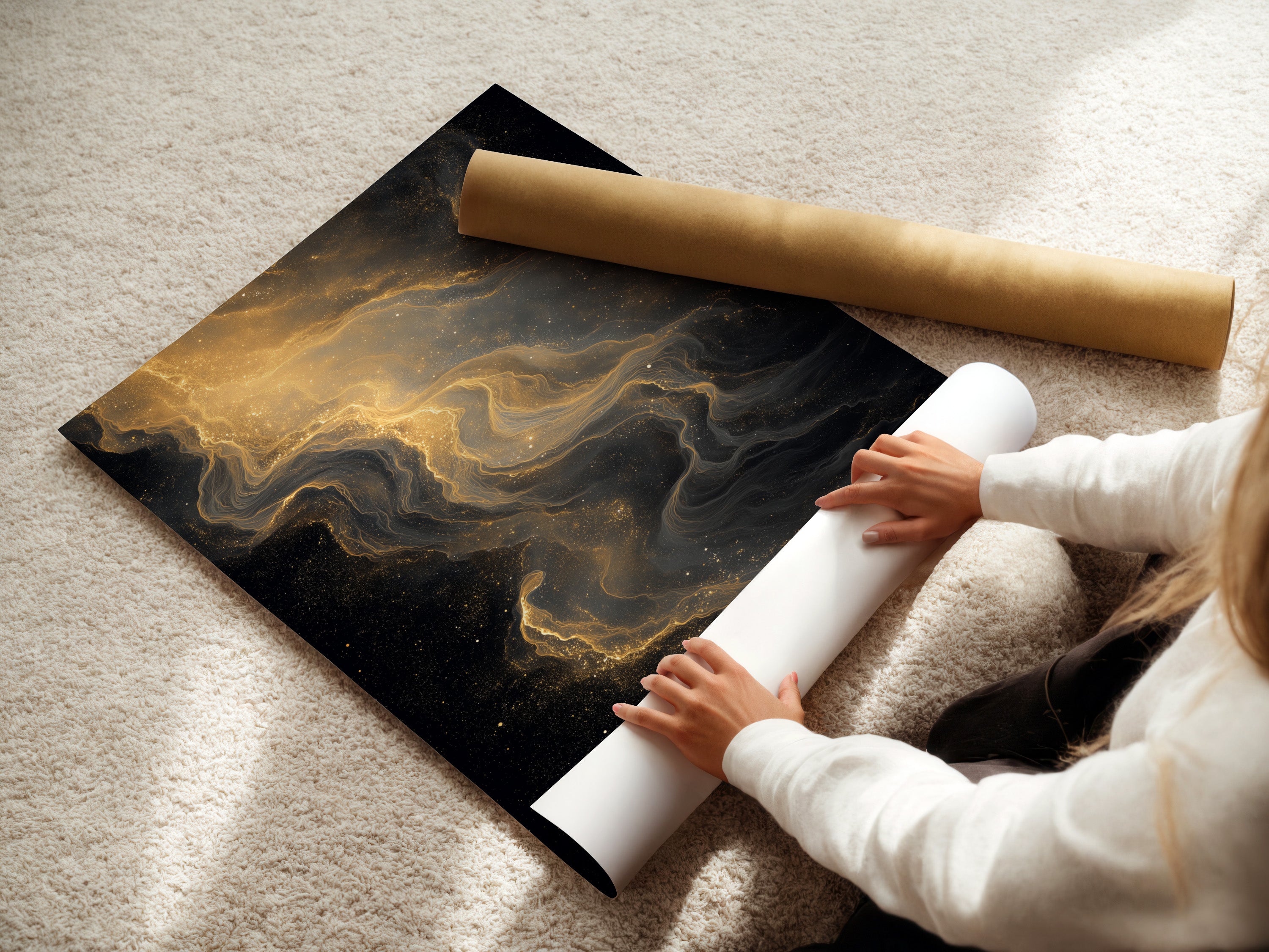 A woman is carefully rolling a fine art poster paper. The paper features artwork ready for framing or display. High-quality fine art paper ensures vibrant colors. Preserve the beauty of your art with premium materials.