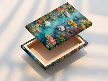 A stretched canvas print displays the beautiful Water Lily artwork. This botanical pond wall art brings a touch of nature indoors. It's perfect for creating a calming zen space in your home or wellness center.