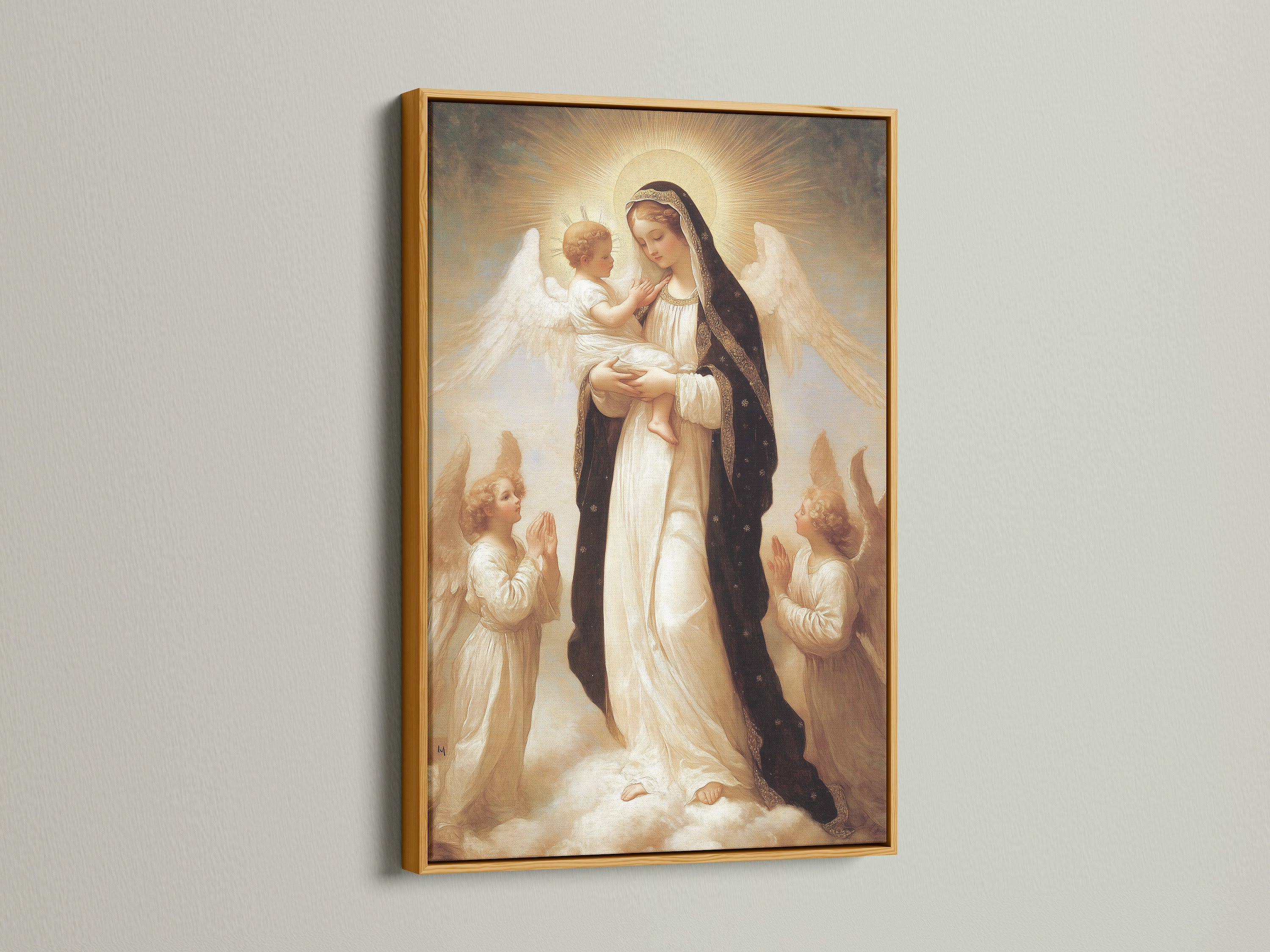 Religious artwork featuring the Virgin Mary and child. Angels surround them in a divine scene. This art is highlighted by a gold frame. The gold frame adds a touch of elegance to the piece.