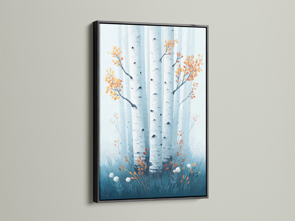 Birch tree art in a black frame. This woodland art piece brings nature indoors. This tree wall decor is a minimalist art choice for any room. Perfect for adding a Scandinavian touch.