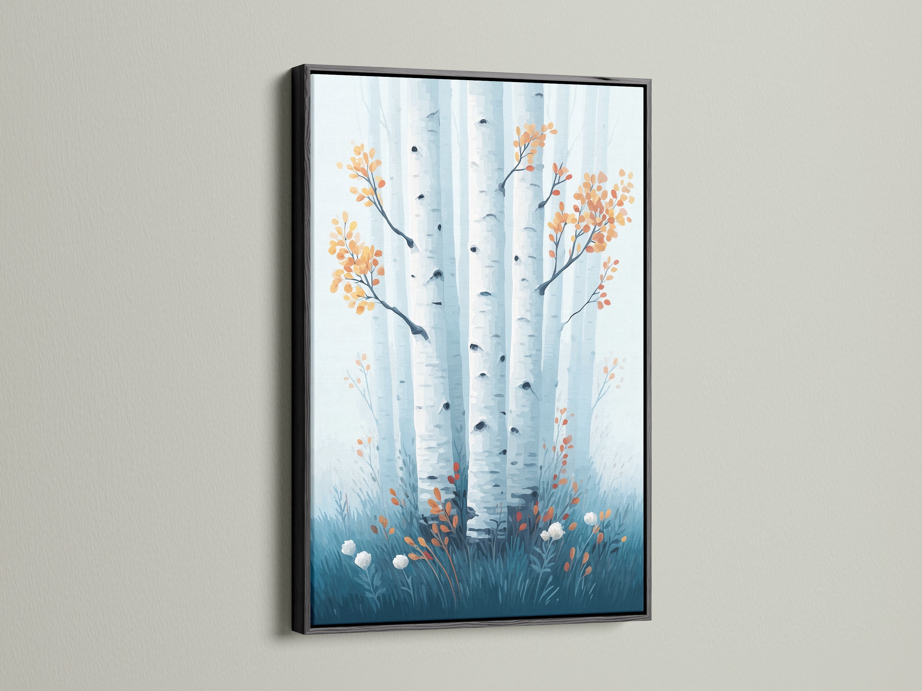 Birch tree art in a black frame. This woodland art piece brings nature indoors. This tree wall decor is a minimalist art choice for any room. Perfect for adding a Scandinavian touch.