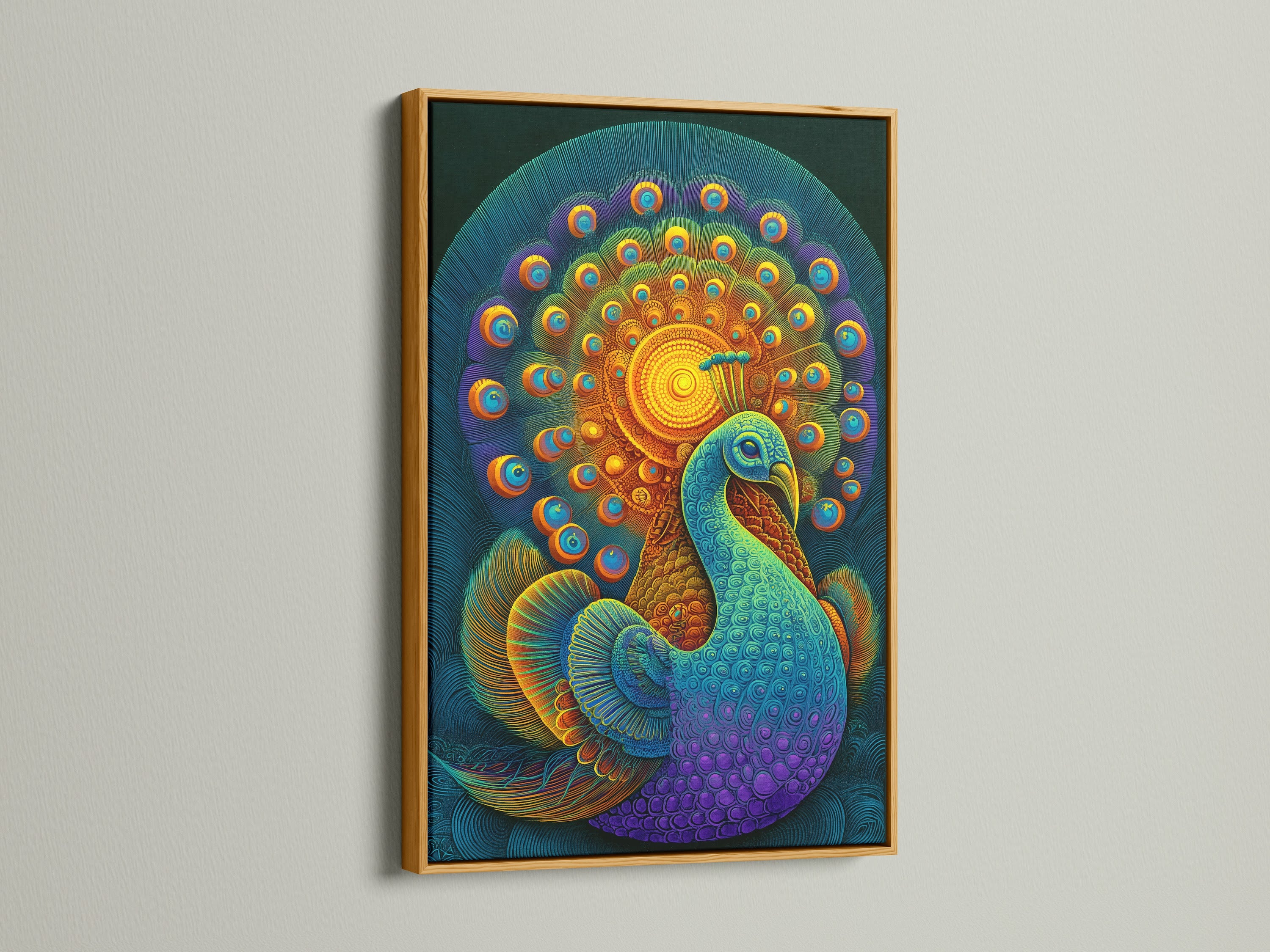 Bohemian Peacock artwork with teal and gold accents in a gold frame. The gold frame accentuates the rich gold tones in the artwork. This vibrant print brings a luxurious feel to any space. Add a touch of glamor to your home office art.