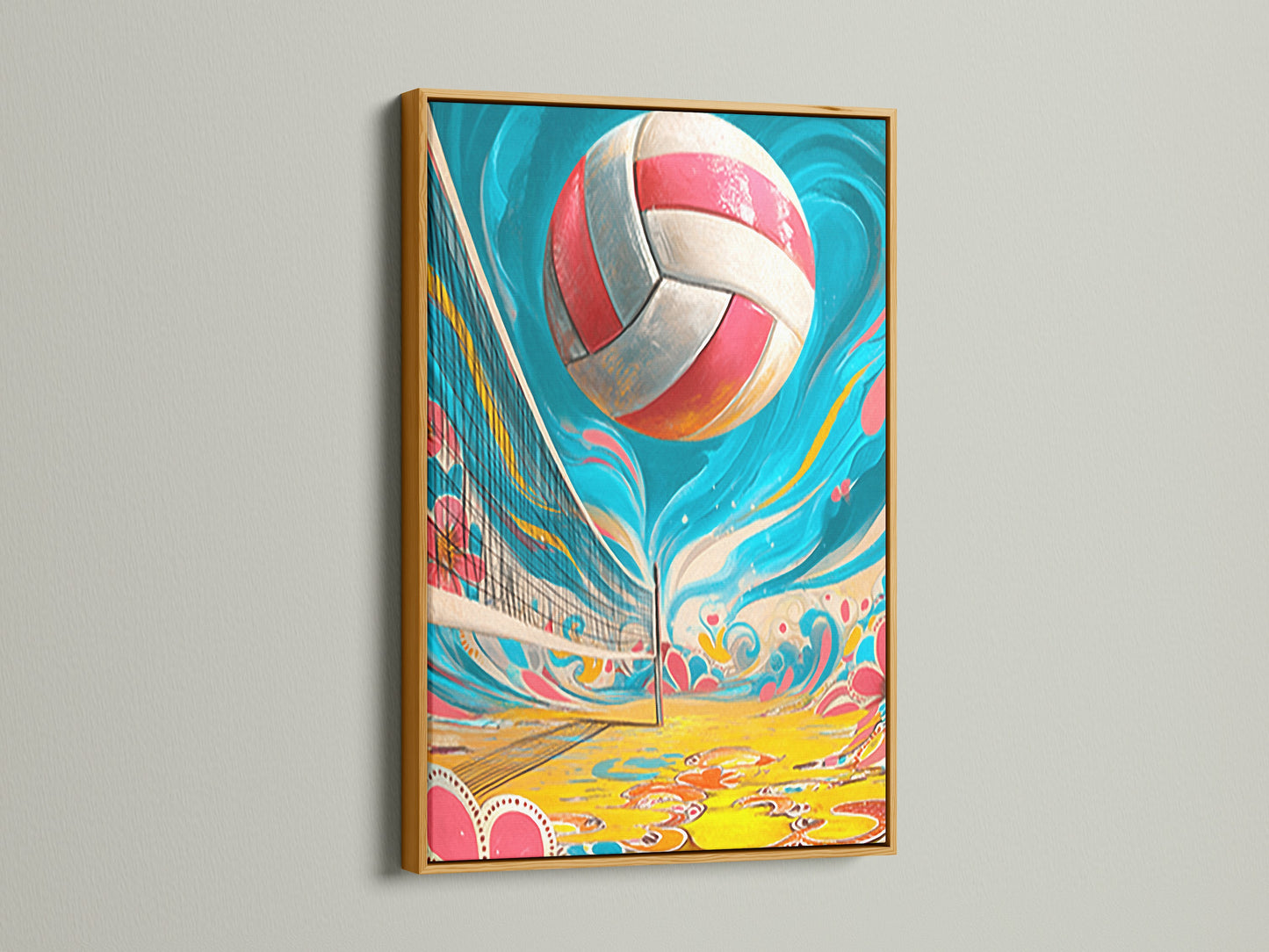 Volleyball art in a gold frame. This beach sport artwork is ideal for teen rooms. This fun game canvas brings a summer vibe. The pink and blue print adds a modern touch. Great as a sport gift for volleyball players.