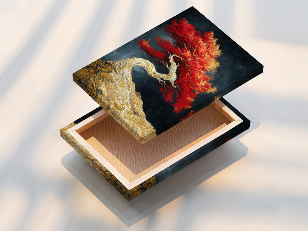 A beautifully stretched canvas print of Japanese bonsai art. The red maple tree artwork creates a focal point. Ideal for contemporary living room wall art. Perfect for adding a zen touch to your bedroom decor. This stretched canvas print offers a gallery-quality look.