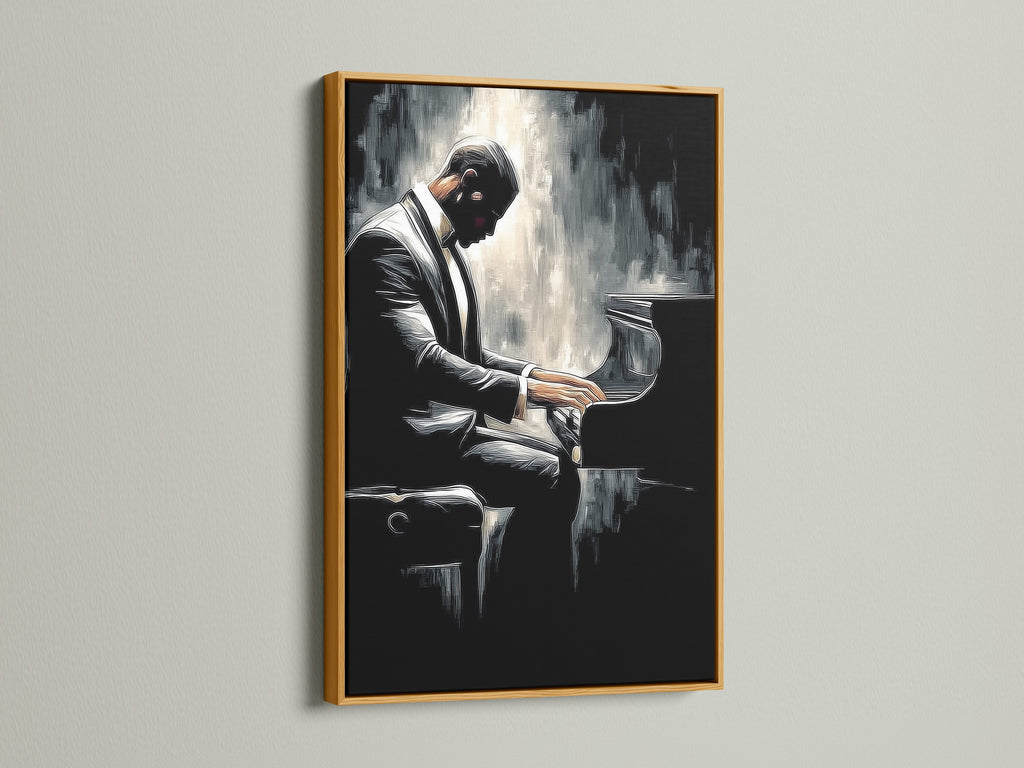 A framed piano player artwork is displayed. The frame is gold. The artwork enhances studios lobbies and cafes. This piano art print is a great gift for music lovers. The elegant design fits coastal and rustic styles. It is also suitable for eclectic styles.