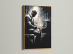 A framed piano player artwork is displayed. The frame is gold. The artwork enhances studios lobbies and cafes. This piano art print is a great gift for music lovers. The elegant design fits coastal and rustic styles. It is also suitable for eclectic styles.