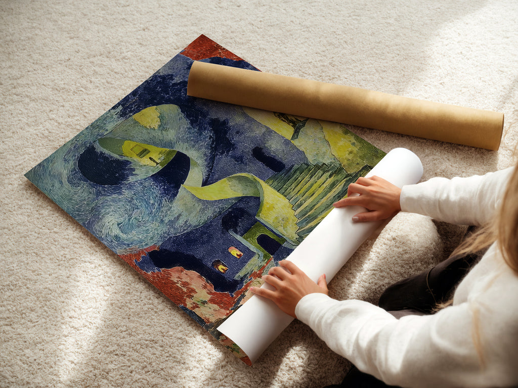 A woman is carefully rolling a fine art poster paper. The surreal staircase artwork will be printed on it. This piece features a Van Gogh style. It's dreamlike architecture. The art nouveau style is prominent with blue and yellow hues. This high-quality poster is perfect for art enthusiasts. It ensures a vivid and lasting impression.