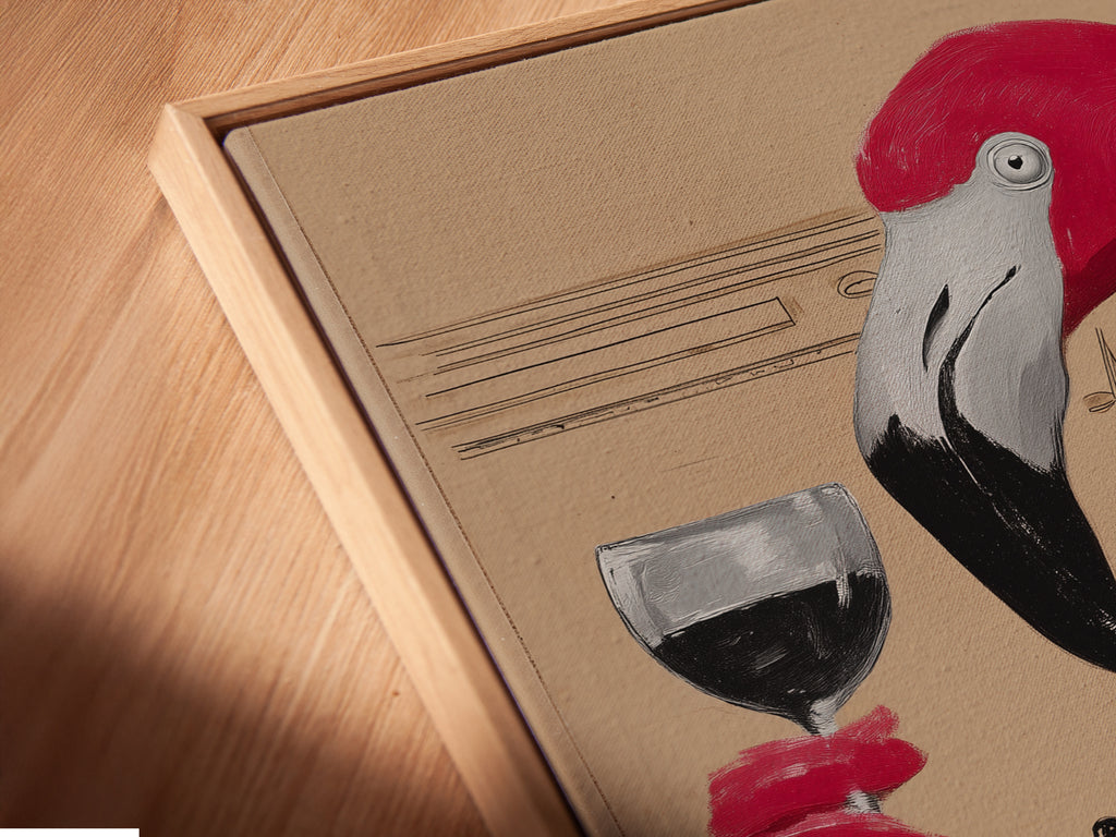 A close up shows the canvas print in a floating frame. The pink flamingo wine artwork is clearly visible. This frameless style offers a modern touch. The floating frame enhances the artwork's depth and appeal. A unique look for your walls.