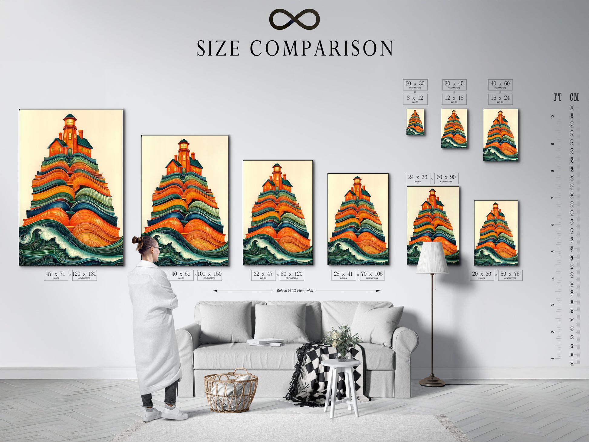 A size comparison chart in an interior setting. It shows the Lighthouse on Books artwork in various sizes. Find the perfect fit for your space. Ideal for study rooms reading nooks and living areas.