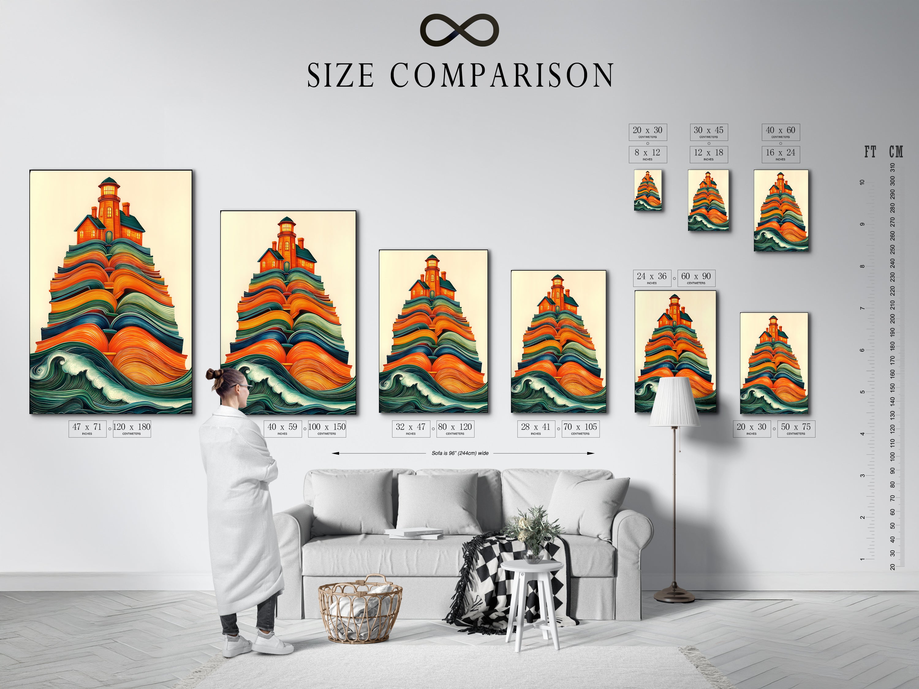 A size comparison chart in an interior setting. It shows the Lighthouse on Books artwork in various sizes. Find the perfect fit for your space. Ideal for study rooms reading nooks and living areas.