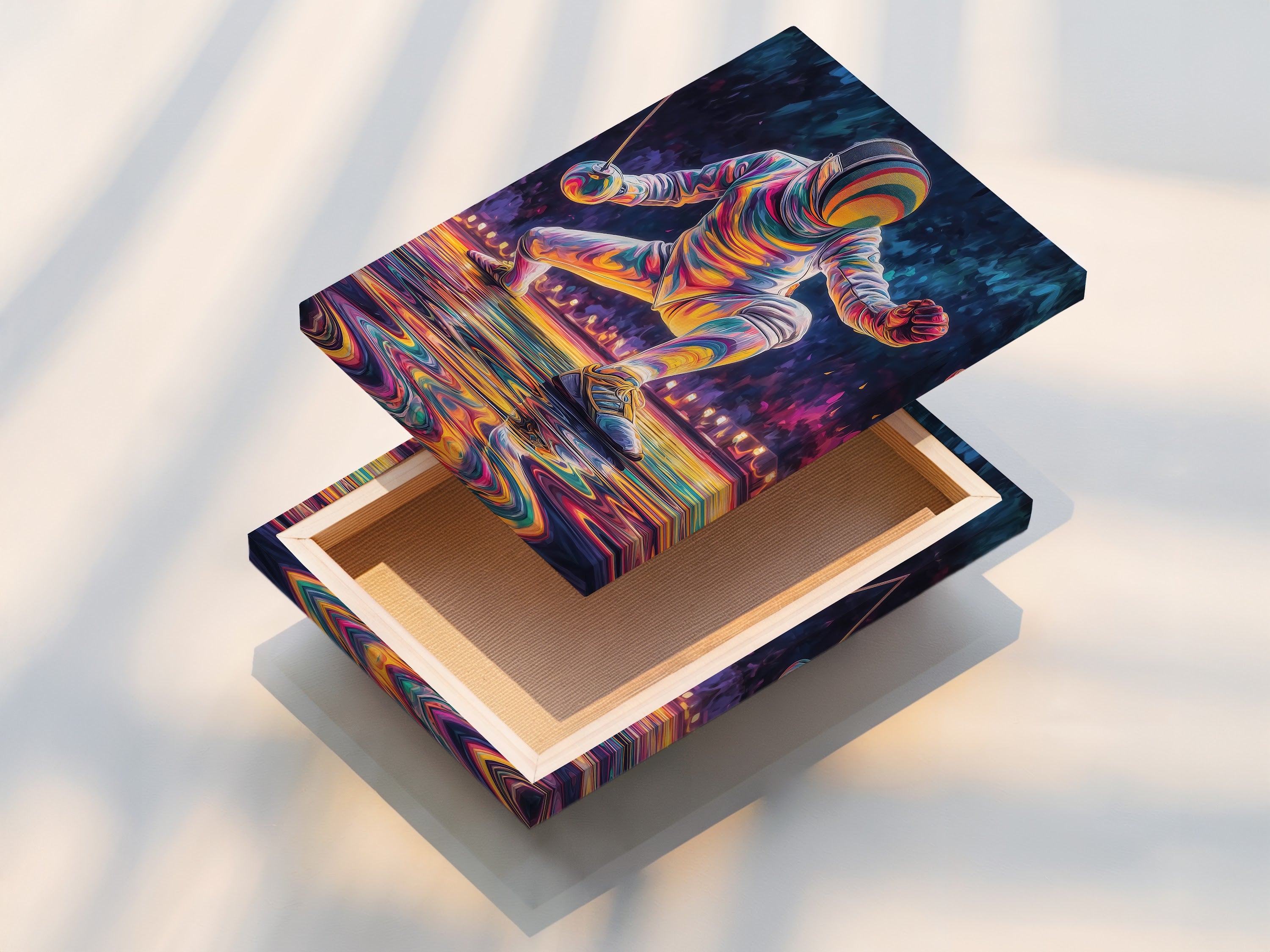 This image showcases a stretched canvas print of the fencer artwork. The colors and details are vibrant and clear. Our stretched canvases are ready to hang. They bring a modern touch to any space. Perfect for fitness enthusiasts and art lovers.