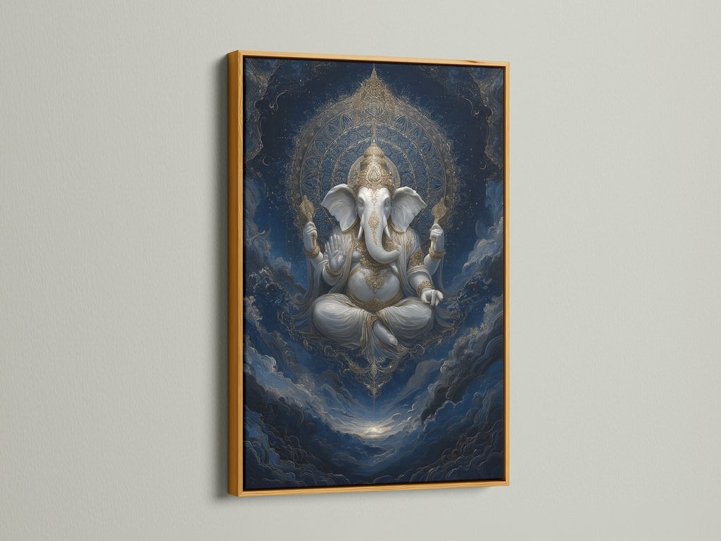 Ganesha artwork showcased in a gold frame. This spiritual canvas is a beautiful piece of Hindu home decor. It's perfect for homeowners and renters. The elephant god art brings a touch of bohemian style.