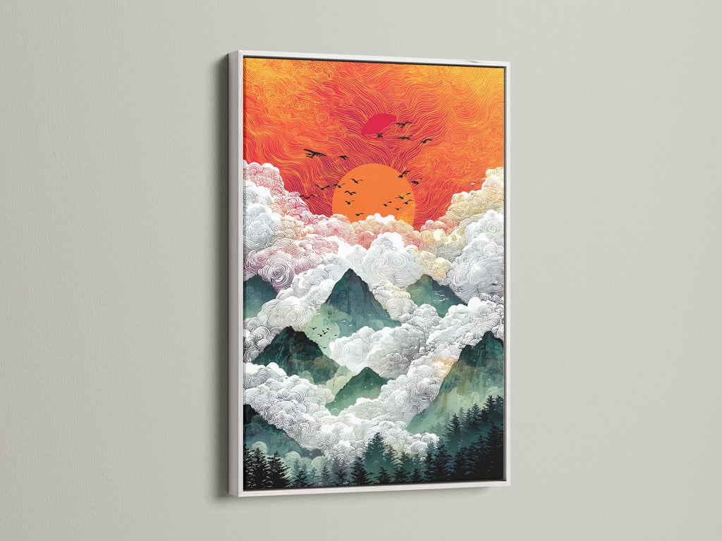 The Mountain Sunrise artwork is featured in a white frame. The artwork offers a clean contemporary look. The contrast between the orange sky and white frame is striking. This framed artwork brightens any room. It brings a touch of nature and tranquility to your home.