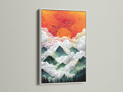 Sunrise Mountain canvas print in a clean white frame. An abstract landscape artwork that enhances any bedroom. The bohemian decor style brings a touch of nature indoors. This mountain art features a beautiful sunrise print. The forest wall art complements any boho wall decor. This is the perfect orange art print.