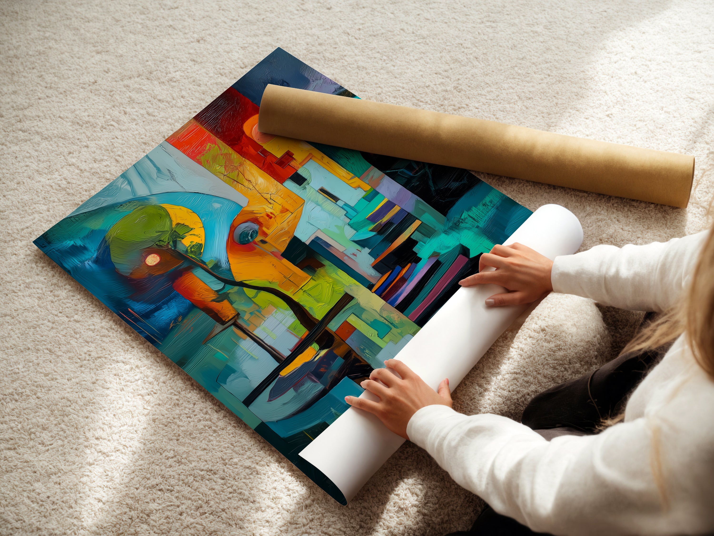 A woman is carefully rolling a fine art poster paper. The paper could feature a geometric abstract artwork. High-quality prints are perfect for modern decor. Ideal for art enthusiasts and interior designers. Enhance your space with these stunning art pieces. Great for homes and offices.