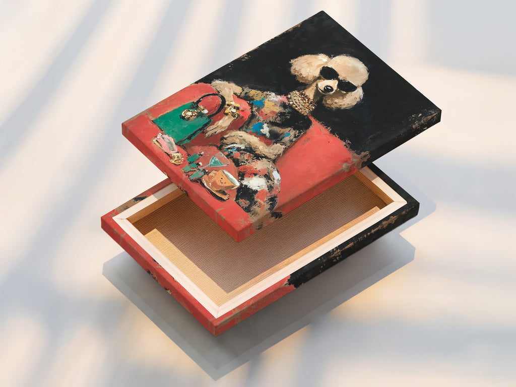 A stretched canvas print featuring glamorous poodle art. This chic fashion dog wall art is perfect for adding a touch of vintage style to your home. Ideal for dog lovers and art collectors.