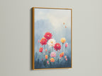 A floral garden artwork is displayed within a gold frame. The artwork features colorful flowers like red white orange and pink. Botanical artwork adds a modern touch to any room. Perfect for bedrooms living rooms and more. The gold frame provides a luxurious and glamorous look.