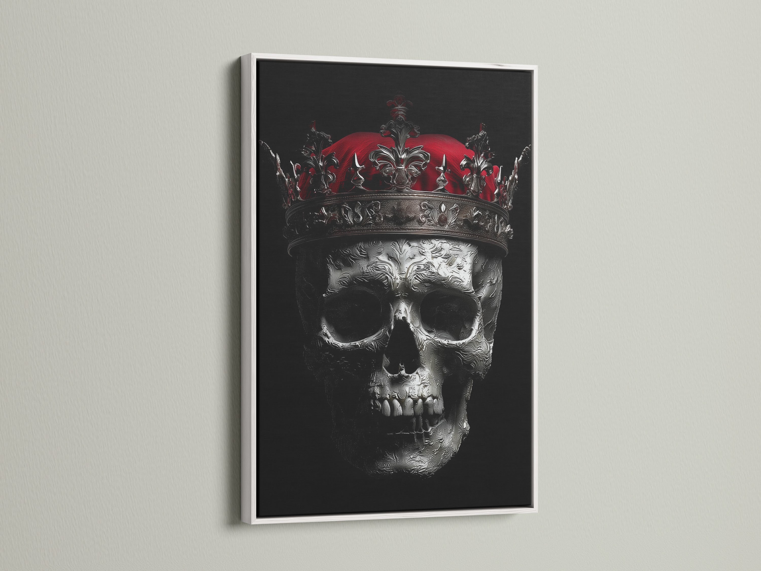 The skull king artwork with a gothic crown is showcased in a white frame. This dark macabre print brings a touch of gothic style to your home. It's perfect for renters homeowners and interior decorators. This gothic wall art is versatile and striking.