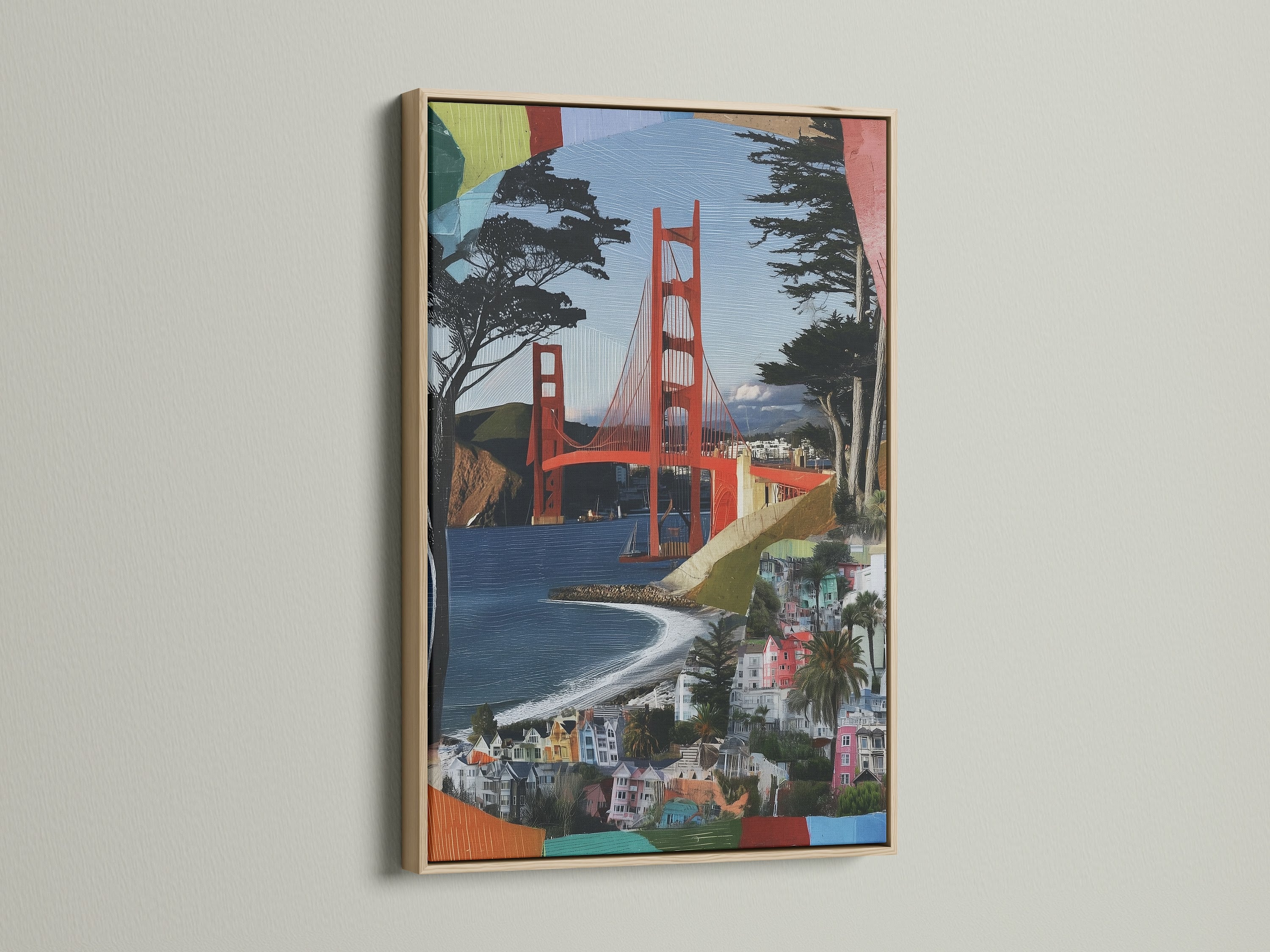 The Golden Gate artwork is elegantly displayed within an oak frame. Perfect San Francisco wall art for homeowners and travel lovers. It adds a touch of modern coastal living to any room.