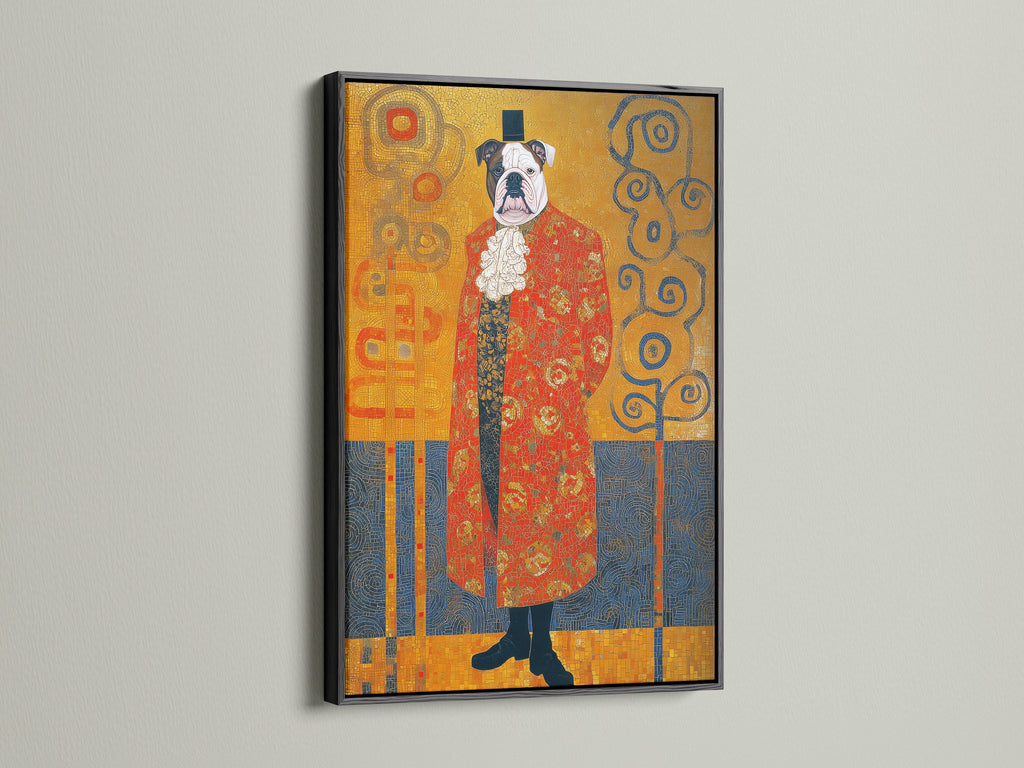 View the Victorian Bulldog art print in a sleek black frame. This Klimt style dog portrait makes a bold statement. It brings ornate animal art to your space. This is ideal for a modern study room. The black frame accentuates this aristocratic art. It offers sophisticated wall decor.