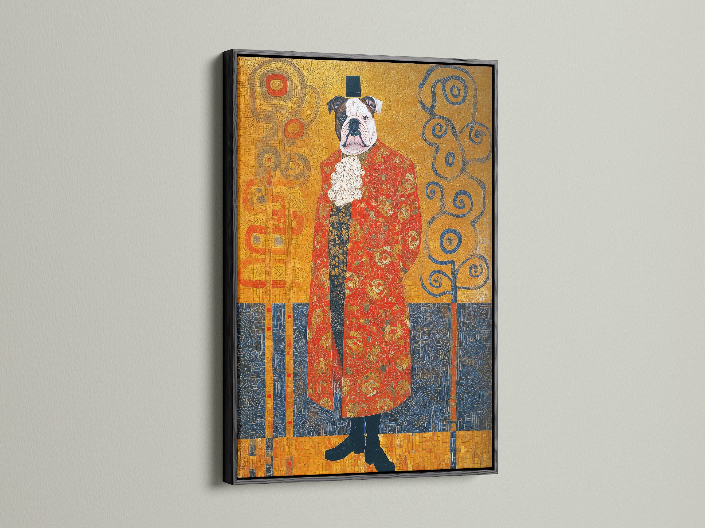 View the Victorian Bulldog art print in a sleek black frame. This Klimt style dog portrait makes a bold statement. It brings ornate animal art to your space. This is ideal for a modern study room. The black frame accentuates this aristocratic art. It offers sophisticated wall decor.