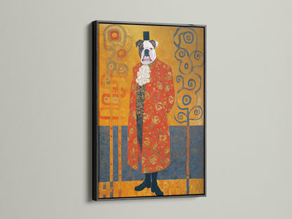 View the Victorian Bulldog art print in a sleek black frame. This Klimt style dog portrait makes a bold statement. It brings ornate animal art to your space. This is ideal for a modern study room. The black frame accentuates this aristocratic art. It offers sophisticated wall decor.