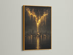 The golden city skyline artwork is presented in a gold frame. This golden wall decor enhances the artwork's richness. Perfect for modern office art and urban canvas prints. The abstract skyline and moody cityscape create a luxurious feel. Elevate your space with this contemporary art.