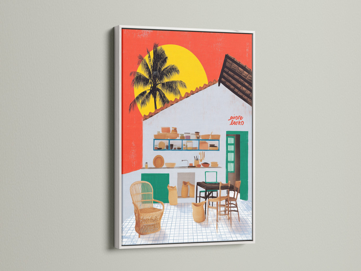 The coastal kitchen artwork is elegantly framed in white. This tropical wall art complements island decor. The modern art print is perfect for a vacation home. It brings a beach house vibe. Enhance your space with this beautiful coastal artwork.