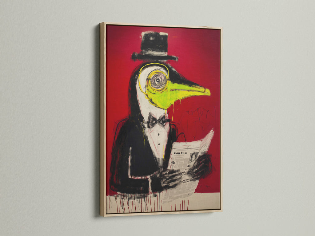 Surreal Bird Artwork Print with an oak frame. Features quirky animal art on a contemporary canvas. A red abstract adds a bold touch. Perfect for unique wall decor.