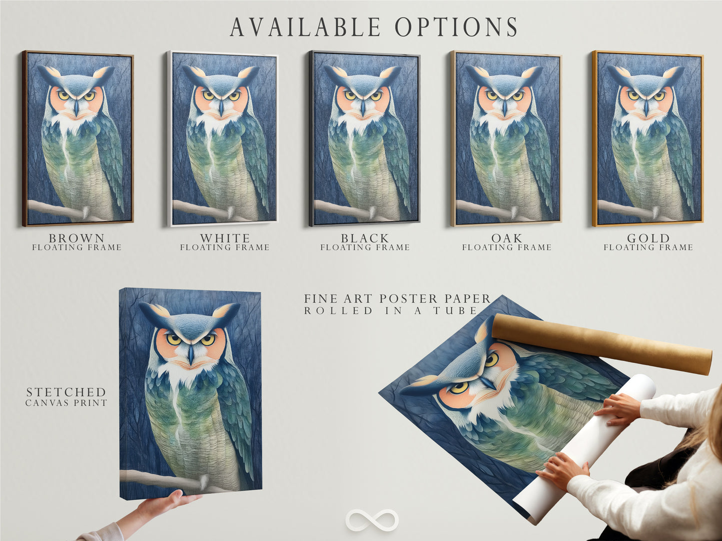 Available options include a stretched canvas print a fine art poster paper and a floating frame. Choose your preferred format for this owl portrait. The moody bird wall art adds a rustic touch. Teal and beige tones blend seamlessly.