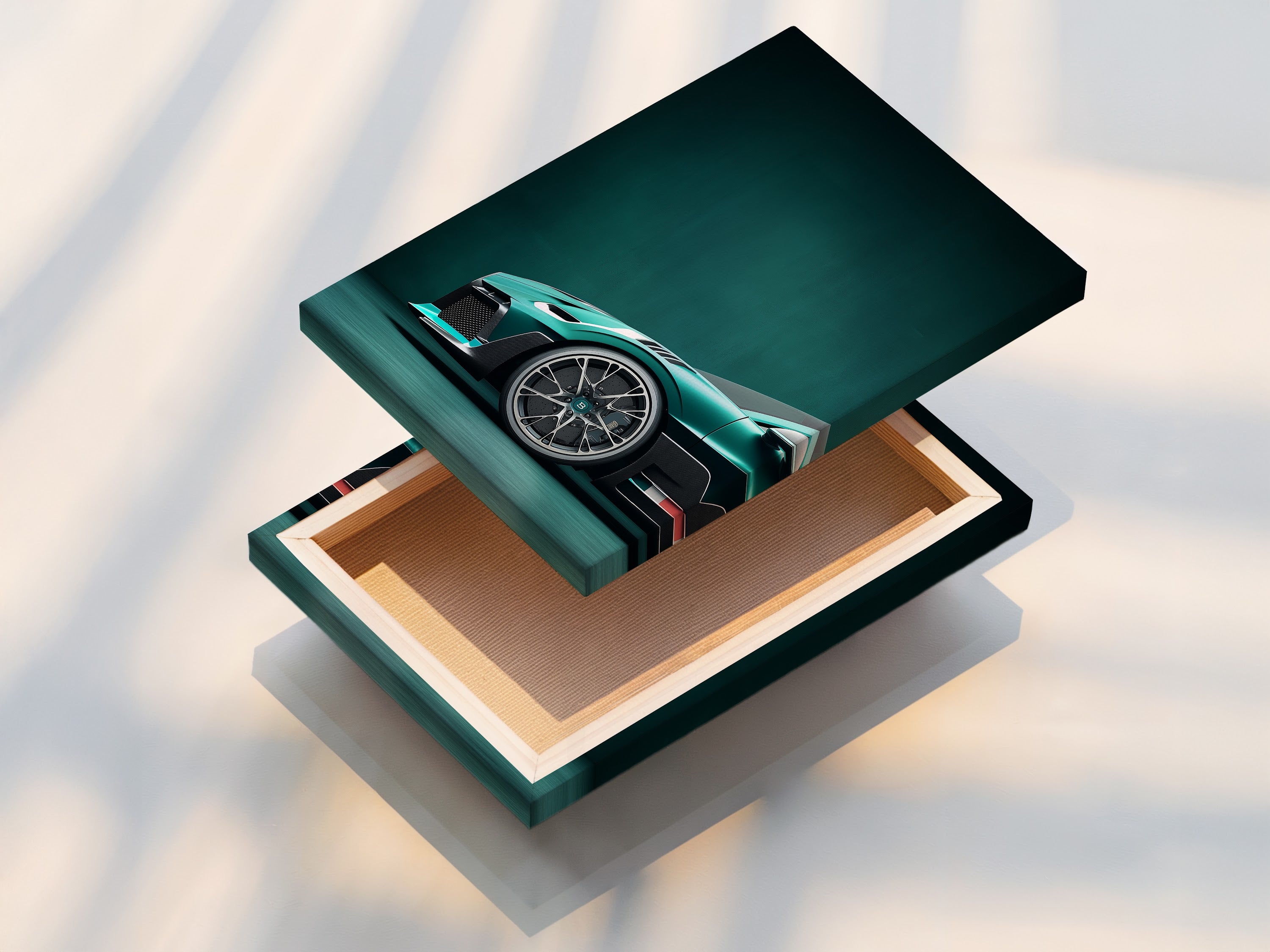 Examine a stretched canvas print. It displays a teal green luxury car. The print is perfect for modern garage wall decor. It's ideal for minimalist styles.