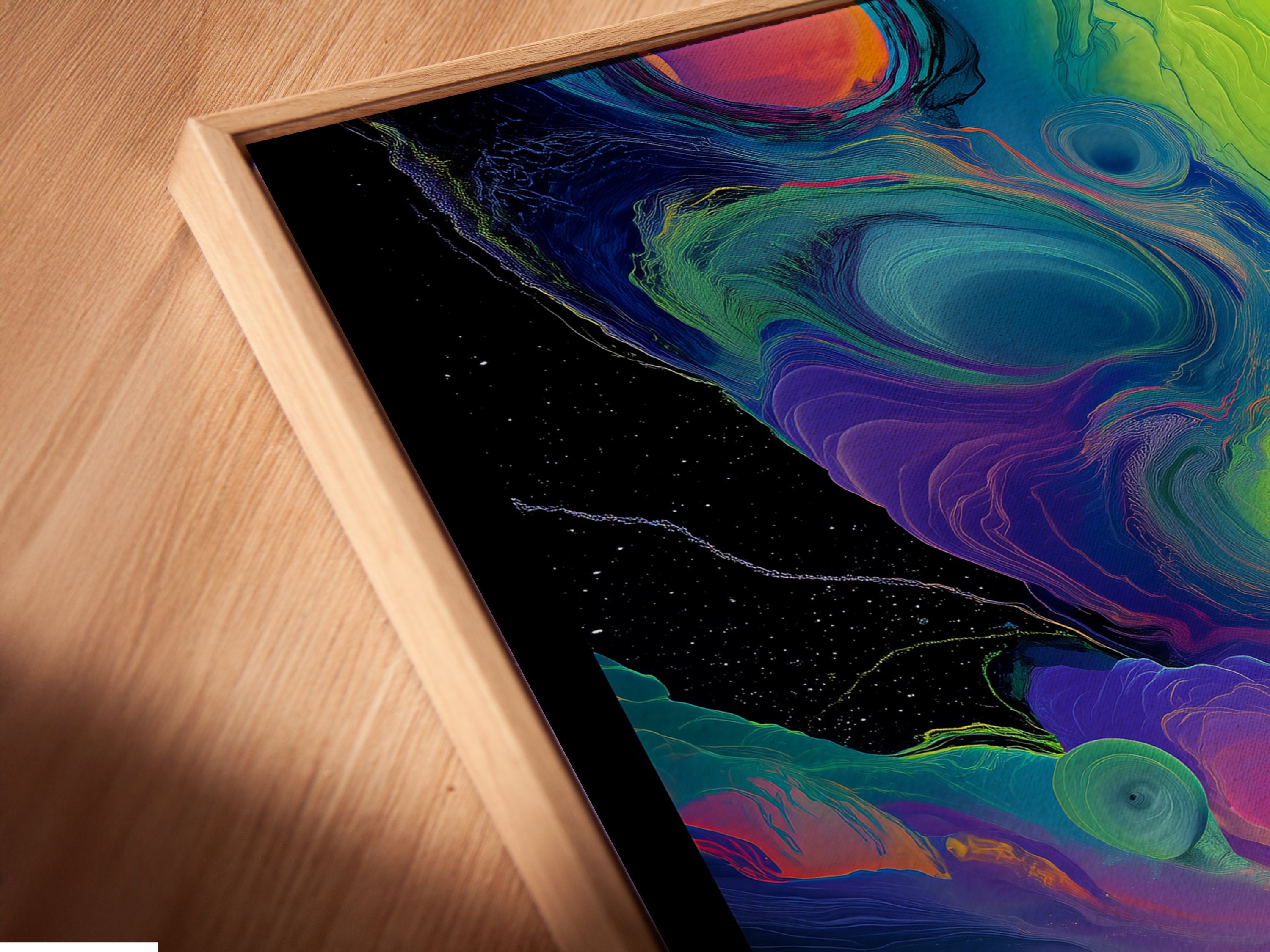 Angled close-up reveals canvas print in a floating frame. The aurora borealis artwork appears seamless and modern. A stylish way to display colorful Northern Lights art. Enhances the artwork's visual impact.