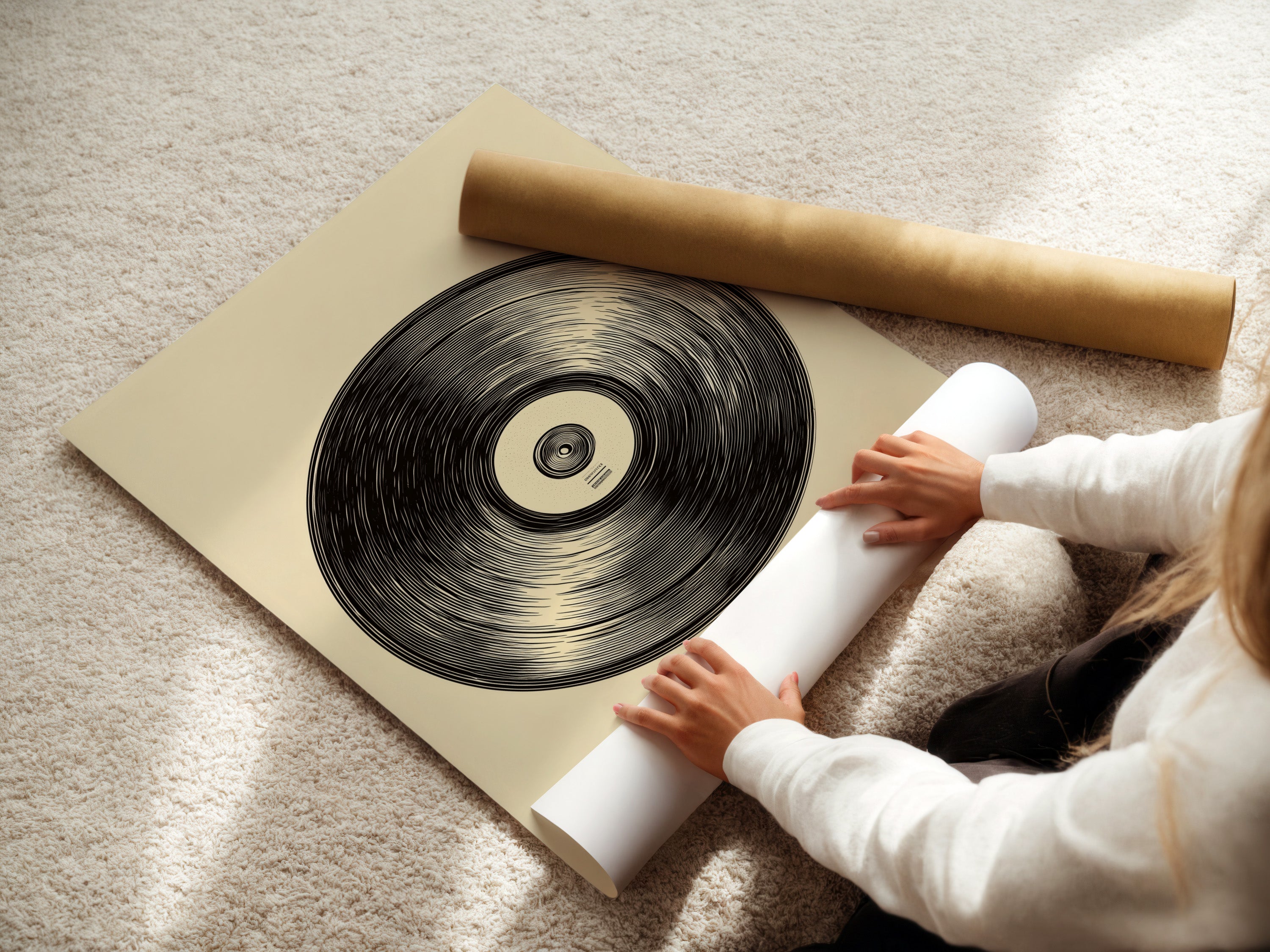 This photo shows a woman carefully rolling a fine art poster paper. High-quality paper ensures artwork longevity. Proper handling preserves artwork quality. Explore fine art poster paper for your prints.
