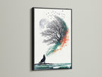 The wolf howling at moon artwork is framed in a sleek black frame. The tree of life is present with a wolf on the beach under a full moon. The contrasting colors of teal and orange add a modern touch. Enhance your home decor with this unique nature-inspired piece.