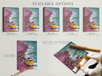 Available options for a Vintage VW Bus artwork. Options include stretched canvas print fine art poster paper and floating frame. The artwork features an orange Volkswagen van on a beach. Choose the perfect style for your retro beach wall art.