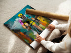 A woman is carefully rolling a fine art poster paper. The poster features high-quality artwork. The poster is designed for professional display. Fine art poster paper ensures vibrant colors and longevity. Ideal for art enthusiasts.