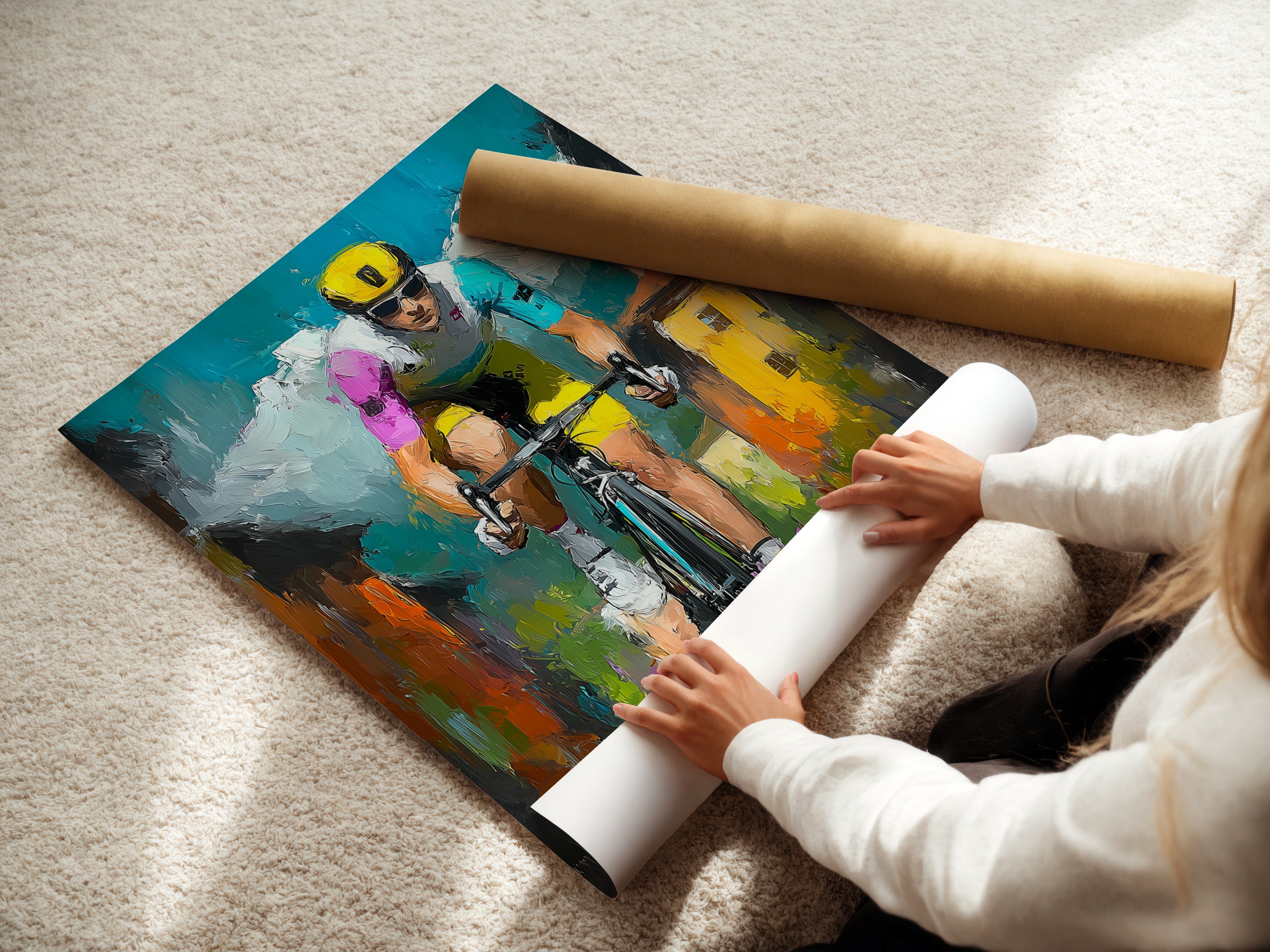 A woman is carefully rolling a fine art poster paper. The poster features high-quality artwork. The poster is designed for professional display. Fine art poster paper ensures vibrant colors and longevity. Ideal for art enthusiasts.