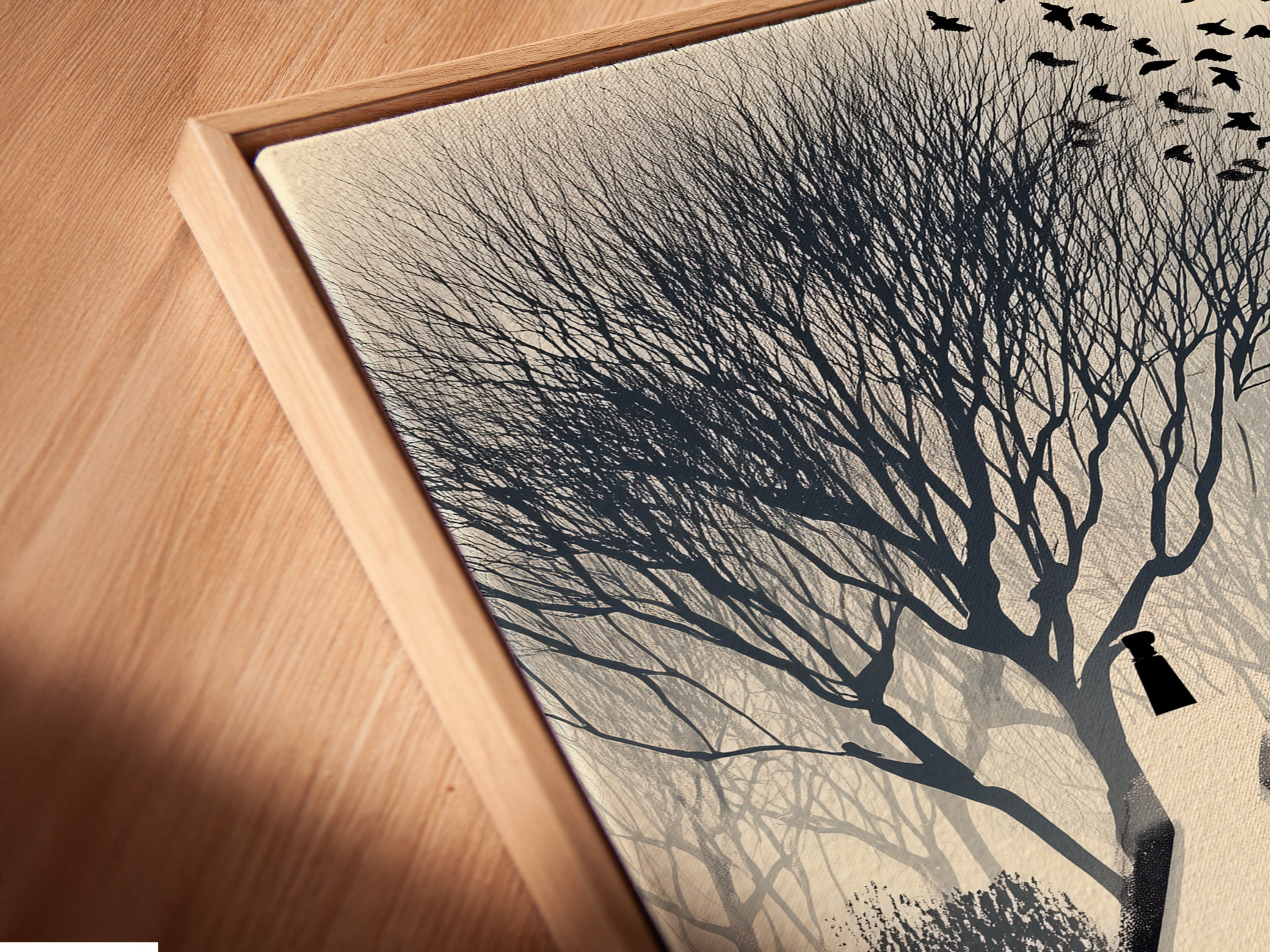 A close-up angled view of a canvas print in a floating frame. Showcasing the Winter Cottage artwork. This framing style gives a modern touch to farmhouse wall decor. Perfect for minimalist or traditional interiors.