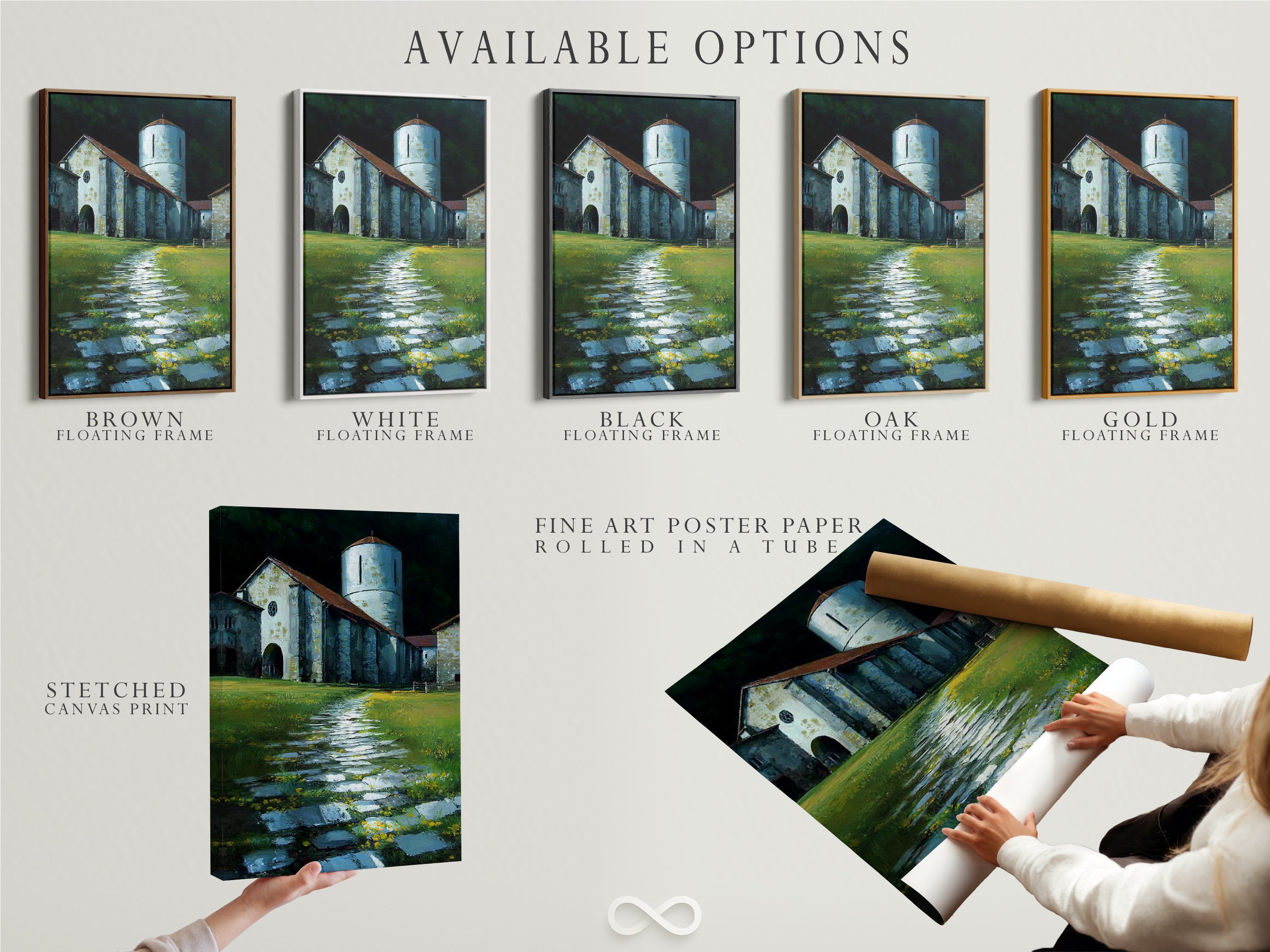 Available options for the church tower artwork. Choose from a stretched canvas print. Opt for fine art poster paper. Select a floating frame to match your style. The stone path is visible in the artwork