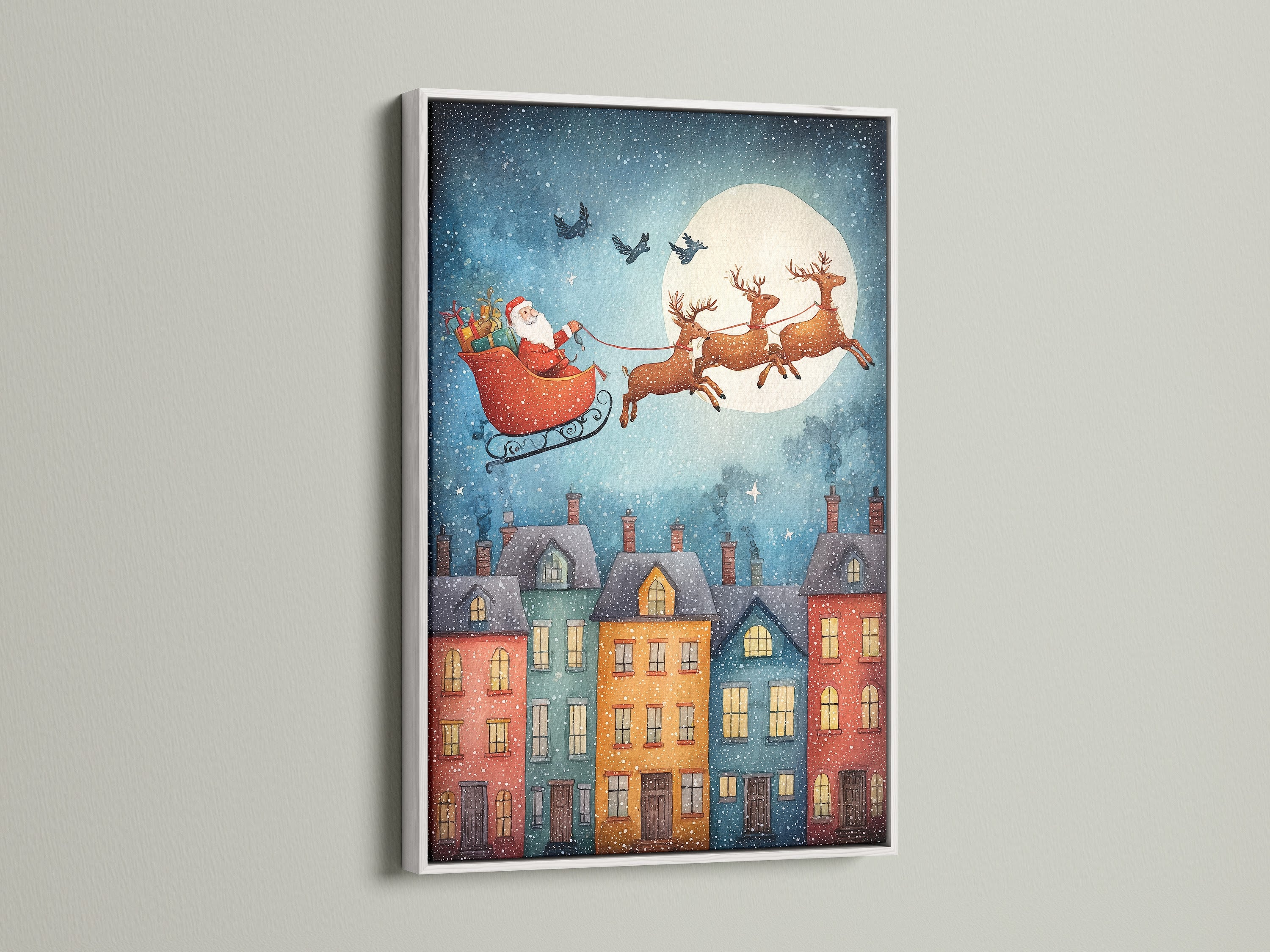 This winter canvas art of Santa Claus is presented in a white frame. Perfect for adding a touch of xmas to your decor. Great for living rooms and classrooms. This festive artwork captures the spirit of Christmas Eve.