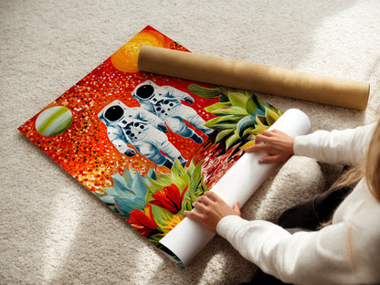 A woman is carefully rolling a fine art poster paper of the Astronauts artwork. The poster paper ensures high-quality reproduction of the artwork. Ideal for those who appreciate detailed and vibrant art prints. Perfect for framing or displaying as is.