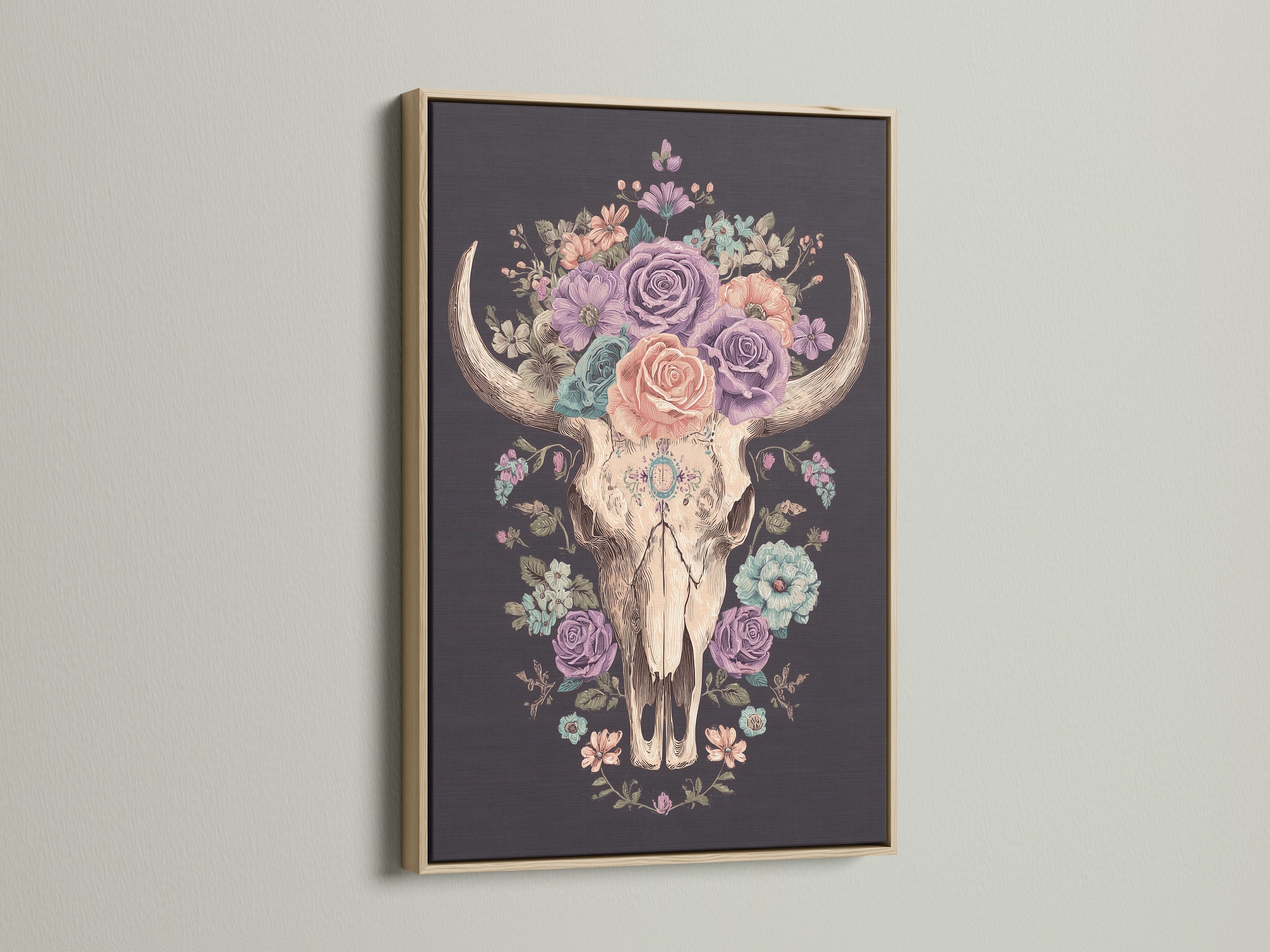 Artwork of a floral bull skull in a frame. The art print features a skull adorned with colorful roses. This artwork is framed in a natural oak wood. The oak frame complements the artwork. Perfect wall art for any space.