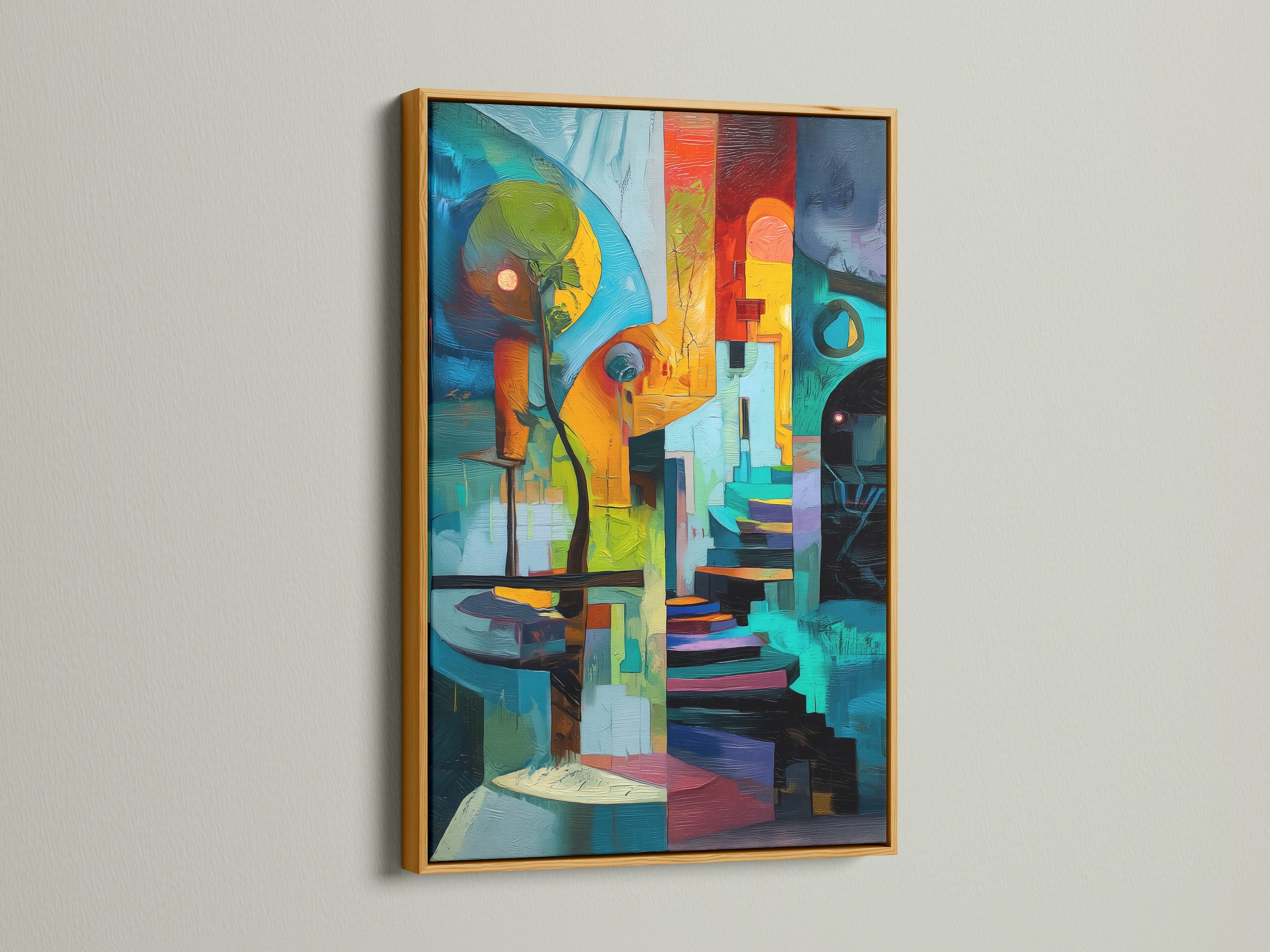 Gold frame with a geometric abstract artwork. The artwork features vibrant teal and orange colors. This modern canvas art adds elegance to any space. Ideal for lobbies and boardrooms. The contemporary style suits minimalist and eclectic themes. This is a great choice for art lovers.