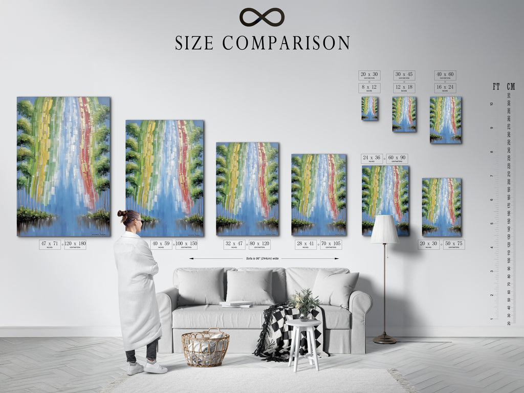 Size comparison chart in an interior setting. See how different sizes of abstract artwork fit. Visualize the river print in your space. This nature wall art complements any room. Find the perfect size for your canvas art needs.