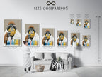 A size comparison chart helps visualize the Orangutan Scientist art in different interior settings. This chart provides perspective on how the artwork will fit within various spaces. It helps customers choose the perfect size for their office study room or home decor.